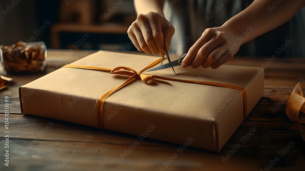 Aufkleber Close up view of a person s hands using scissors to carefully open and unbox a parcel or package revealing the contents and process of unpacking a new item or delivery