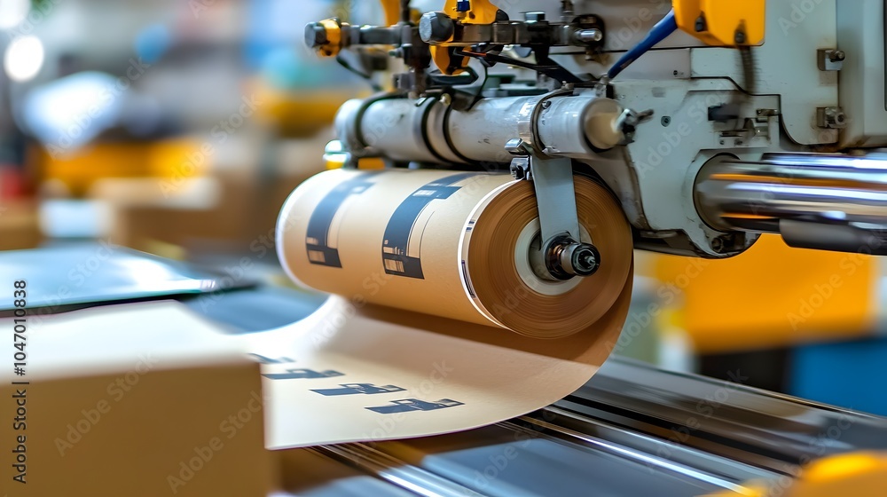 Aufkleber close up view of a thermal printer device printing shipping labels for various parcel boxes or packa