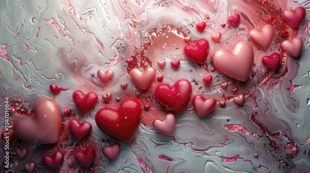 Poster red and pink hearts cascading down a marble-textured background.