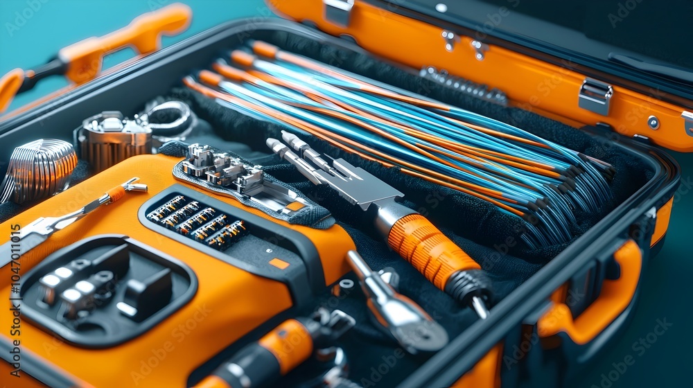 Leinwandbilder close up view of an equipment case filled with fiber optic cables and various splicing tools showcas