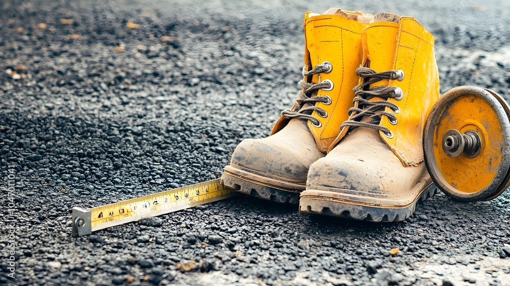 Poster close up view of an engineer s safety boots standing next to a measuring wheel on an asphalt surface