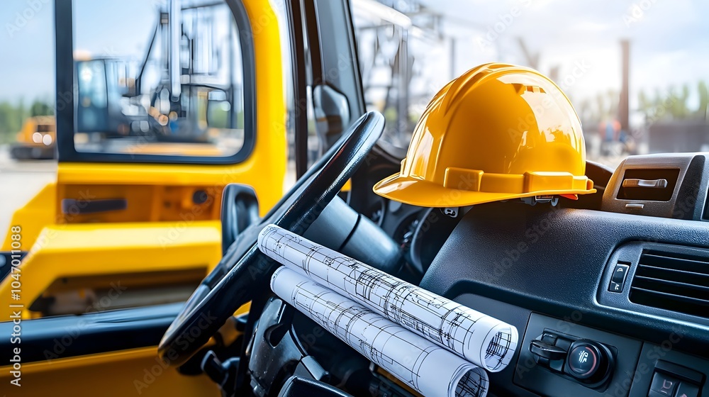 Poster Close up view of hard hat and blueprint tube placed on the dashboard of a parked engineering vehicle representing construction planning and project management tools