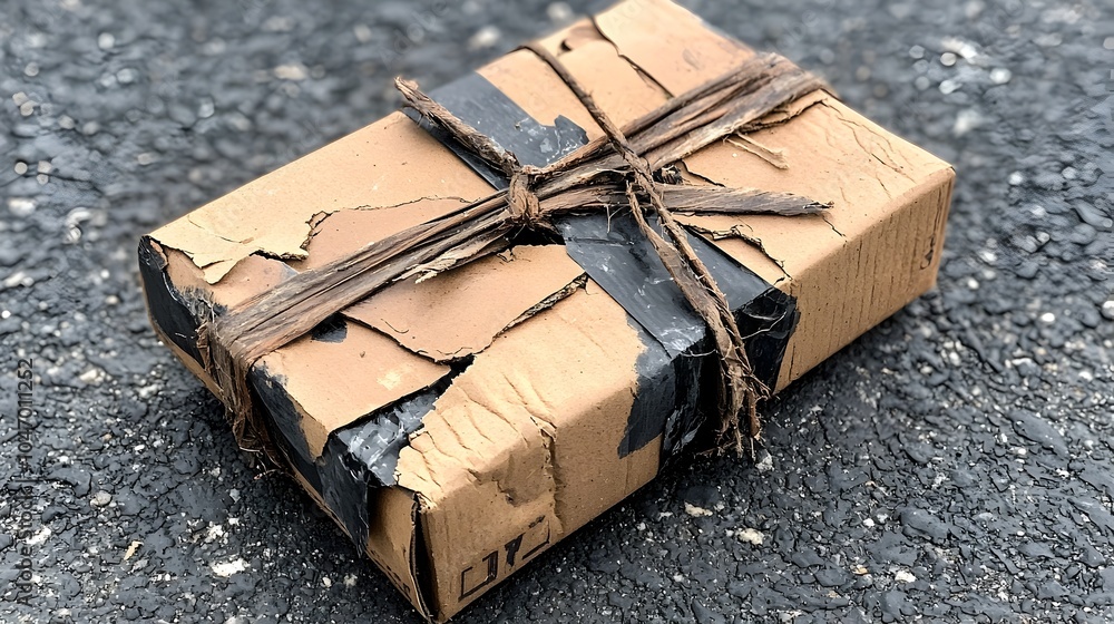 Aufkleber closeup of a parcel box with visible dents and crushed corners indicating damage during transportati