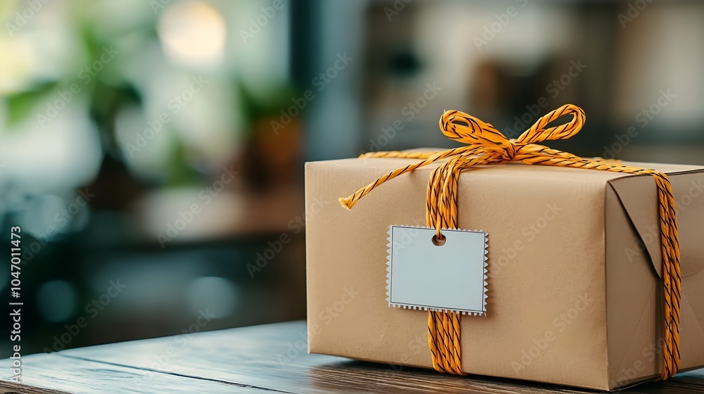 Poster Closeup view of a cardboard parcel box with a visible tracking label and shipping information on the top representing the logistics and delivery process for e commerce and online retail