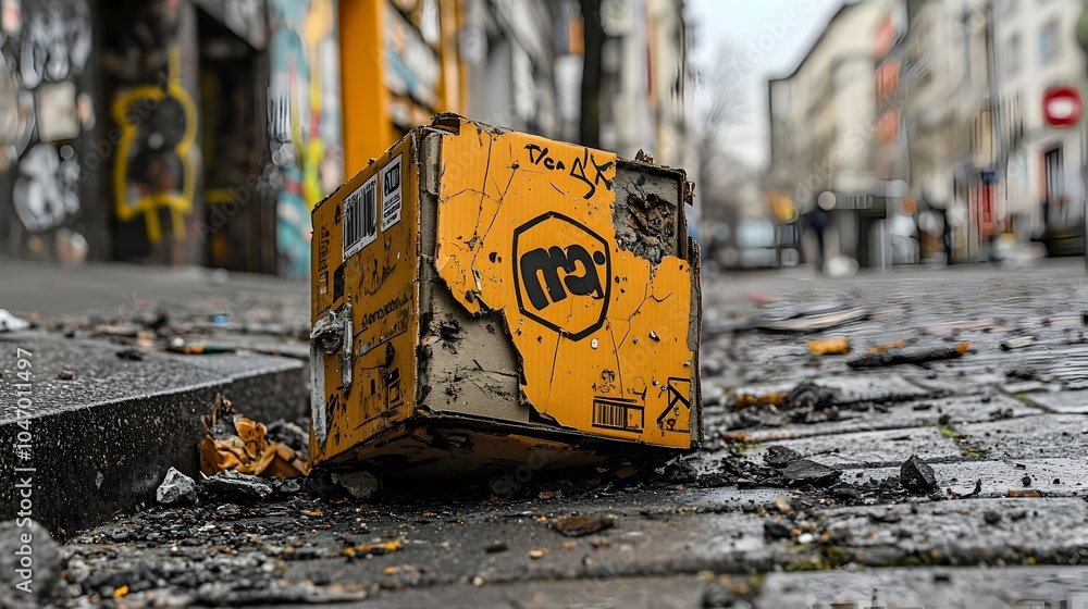 Poster closeup view of a cardboard parcel box with visible dents crushed corners and signs of damage after 