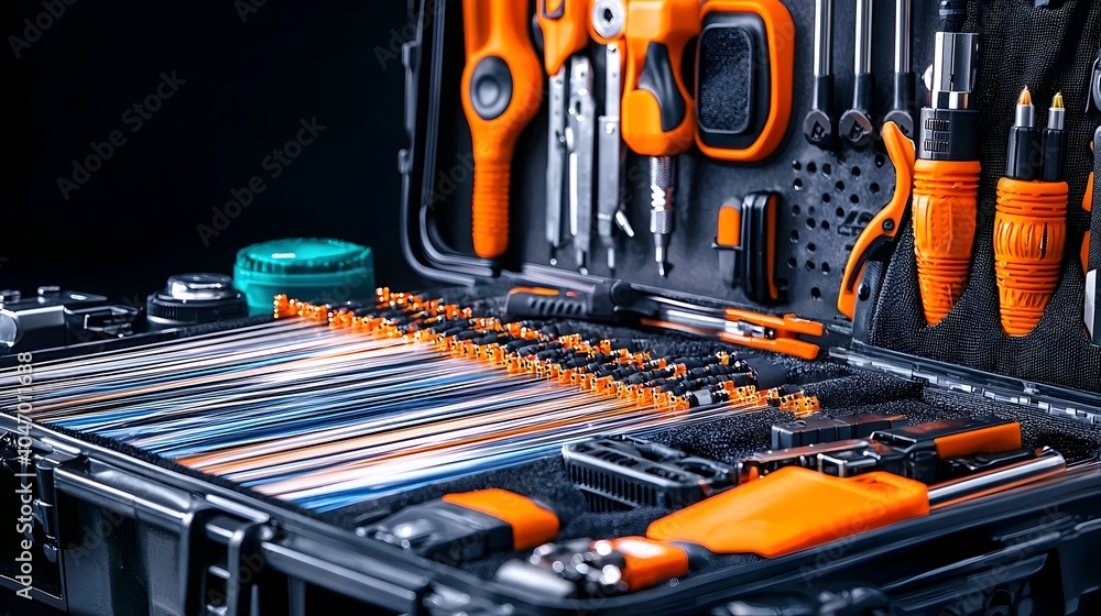 Poster closeup view showcasing the intricate details and components of fiber optic cables splicing tools an