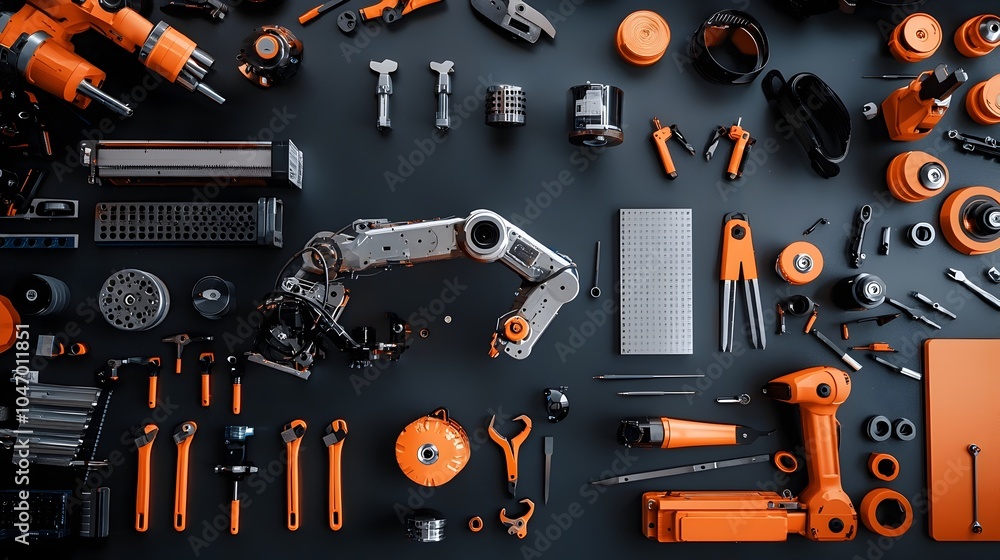 Poster comprehensive step by step instructions and specialized tools for assembling a robot arm on a worksh