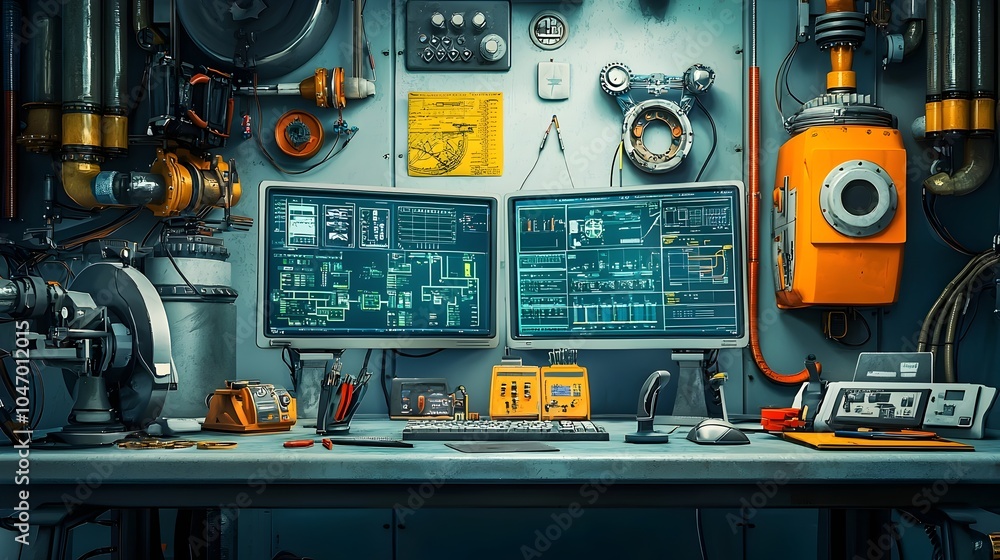 Fototapete Control Room Desk With Multiple Monitors Displaying System Data and Surrounded by Various Engineering Tools and Equipment for Technological Management and Analysis