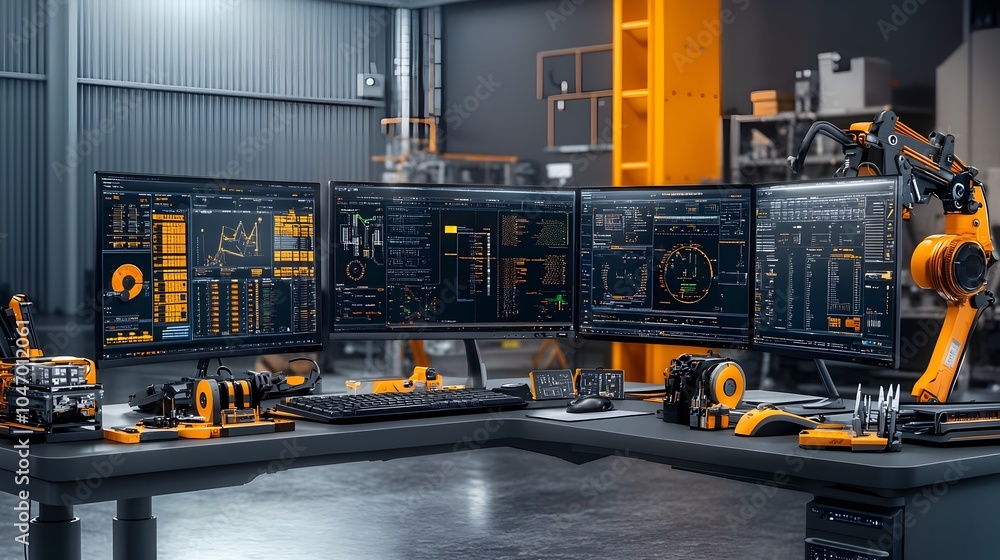 Poster control room desk with multiple monitors displaying real time system data and surrounded by engineer