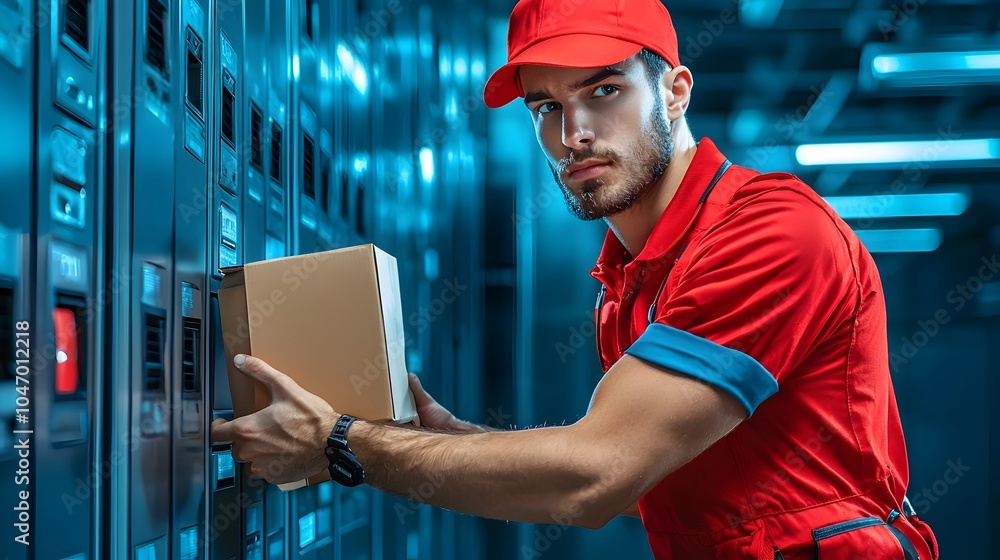 Poster Courier Efficiently Loading Parcels and Packages into Automated Locker System for Secure and Convenient Pickup by Customers