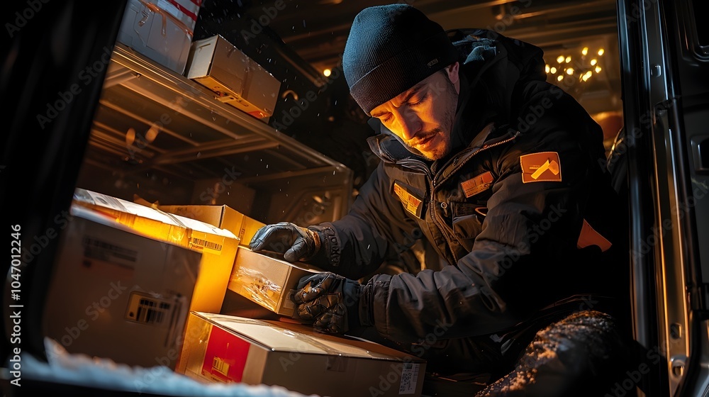 Poster Courier Efficiently Sorting and Organizing Parcel Boxes Inside a Truck Compartment to Ensure Timely and Organized Delivery of Packages