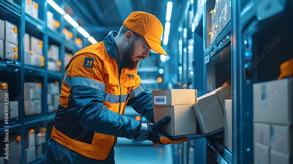 Aufkleber Courier Efficiently Loading Parcel Boxes Into Automated Locker System for Secure Pickup and Distribution of Goods and Packages at Commercial Facility