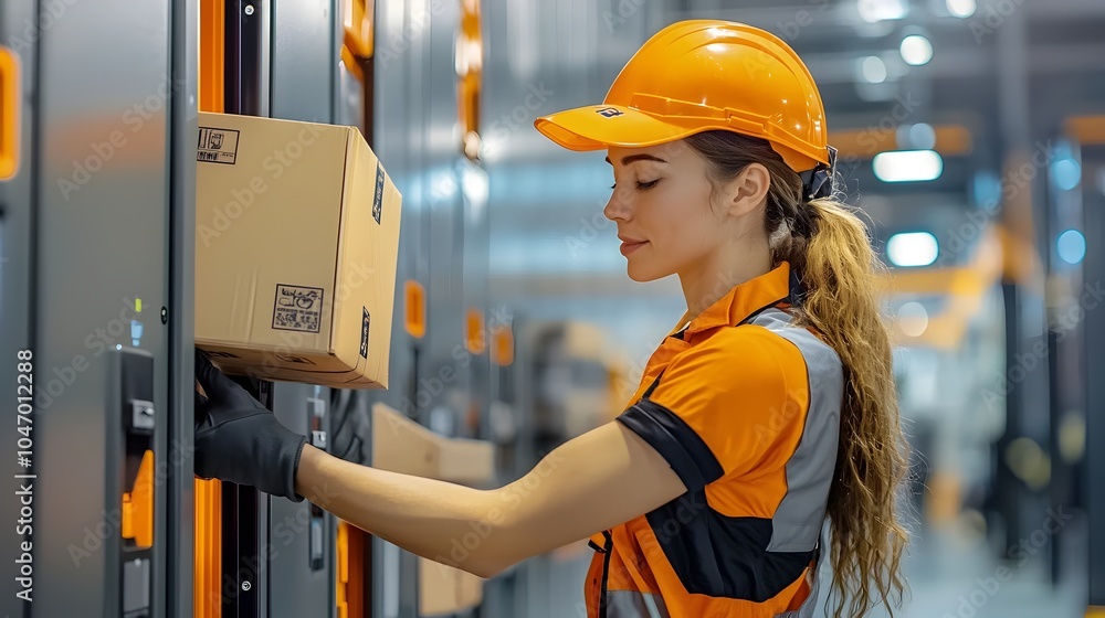 Poster Courier Loading Parcels and Packages into Automated Locker System for Efficient and Secure Pickup by Customers at Commercial or Residential Locations