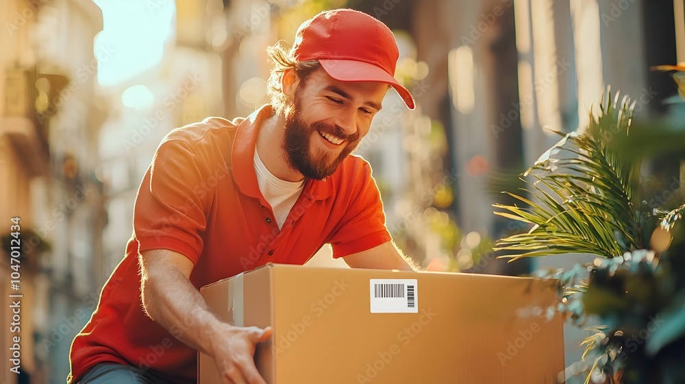 Poster courier scanning barcode on large parcel box during delivery service process for online order shipme