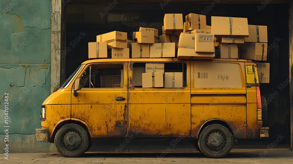 Poster courier van loaded with small and large parcel boxes prepared for swift delivery of online orders an