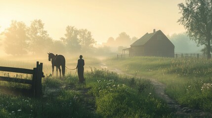 Fototapeta premium A calm morning on a countryside farm, with a person leading a horse through the misty fields