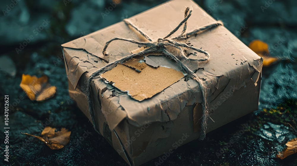 Aufkleber damaged cardboard parcel box with torn edges and crumpled corners representing delivery and shipping