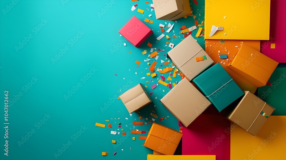 Aufkleber creatively stacked cardboard boxes in colorful pattern backdrop for advertising ecommerce or retail 