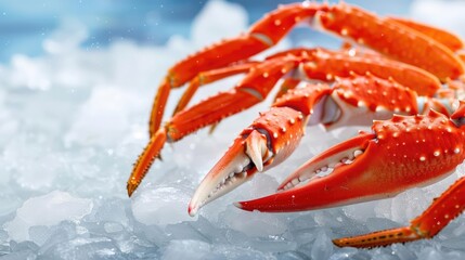 Close-up RAW Style of Premium wild-caught Alaskan King Crab legs on ice