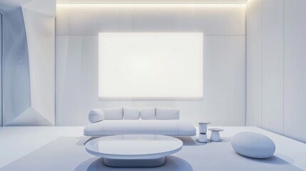 A futuristic minimalist showcase adorned with a white canvas backdrop, Innovative furniture arrangement in a high-tech showroom, Tech minimalism style