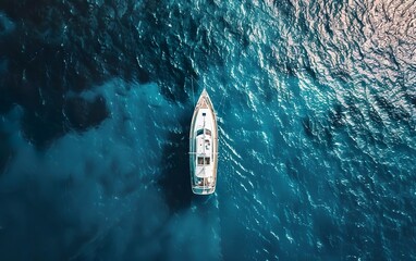 Aerial shot, white sailing yacht in Croatia in the daytime, drone view. Top view perspective, luxury boat in the open ocean on sunny day, birds eye view. Mediterranean sea region. AI generated