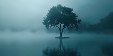 A tree is standing in a body of water, with fog in the background