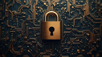 Golden Padlock on Circuit Board Representing Digital Security and Encryption