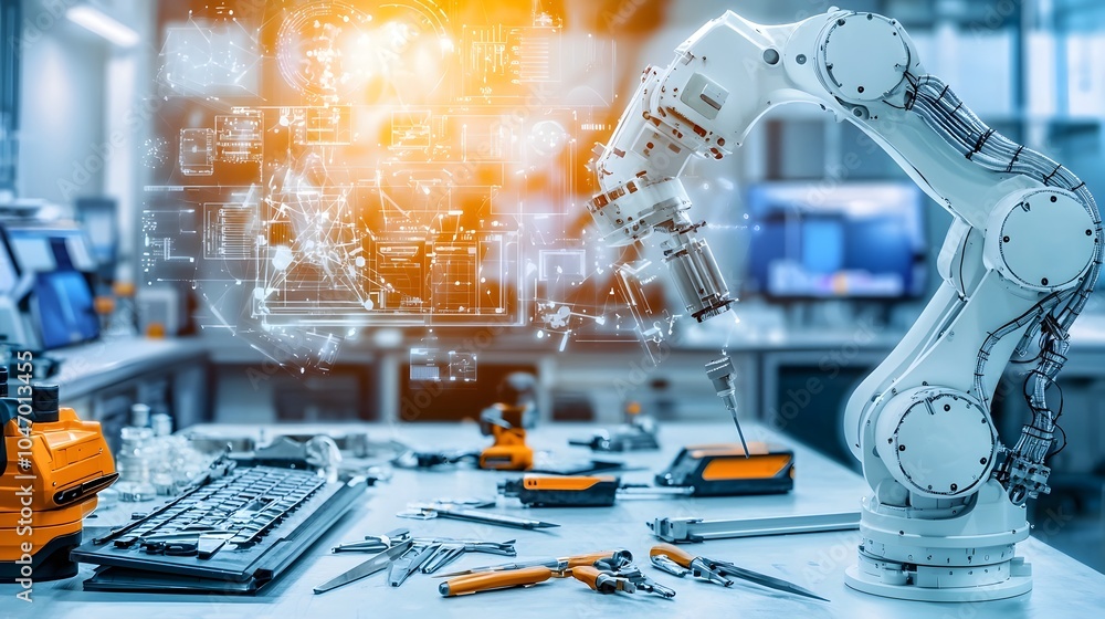 Leinwandbilder detailed robot arm assembly manual and a variety of specialized tools displayed on a workshop table 