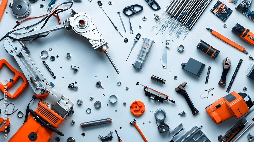 Poster detailed robot arm assembly manual and specialized tools displayed on a workshop table showcasing th