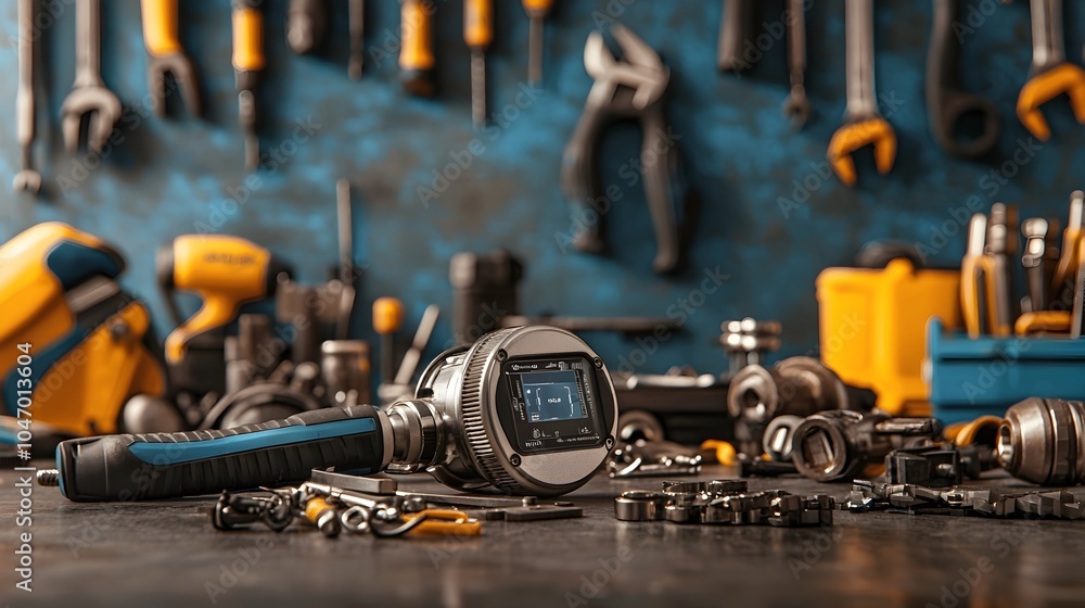Poster diverse collection of mechanical tools including digital torque wrench displayed on a workshop or ga