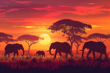Fototapeta na wymiar Elephants walk gracefully across the savanna during sunset, their outlines forming a striking silhouette against colorful skies. Generative AI