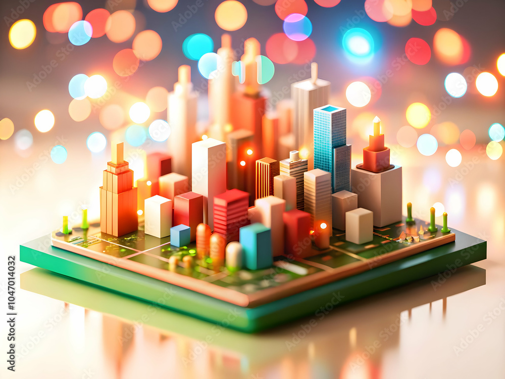 Poster soft abstract digital art city skyline circuit board pattern bokeh lights science fiction day concep
