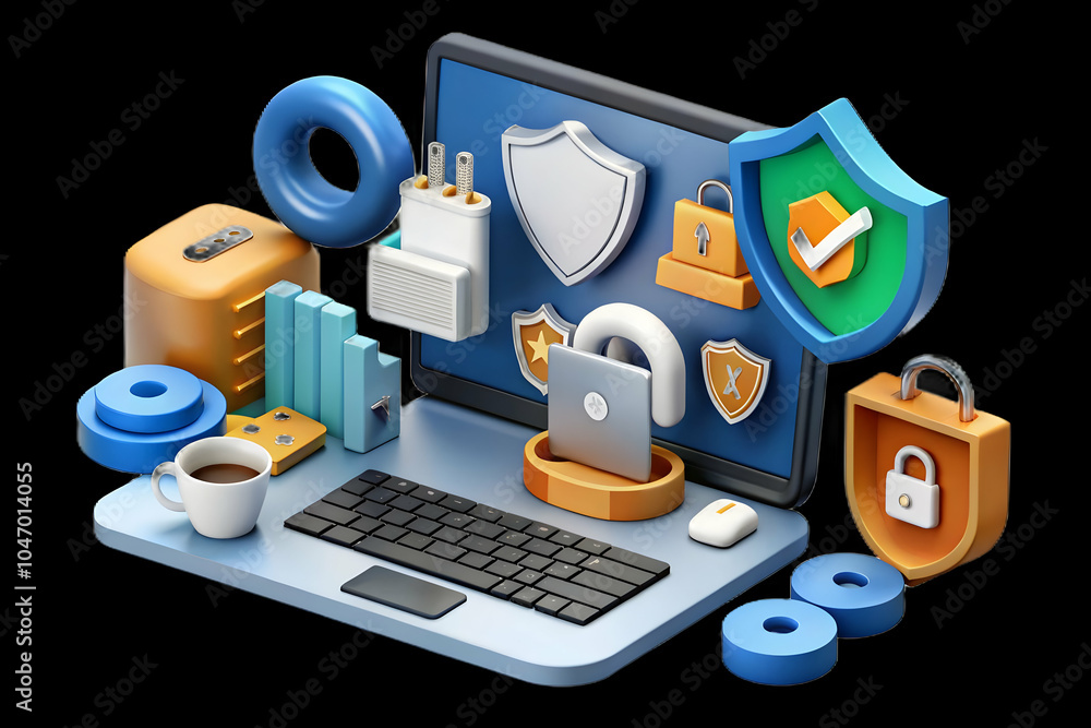 Poster business illustration secure remote work environment digital security tools protected data streams s