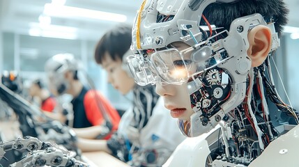 East Asian Robotics Engineer Demonstrating the Capabilities of Innovative Humanoid Robots in a Sleek Technologically Advanced Workspace