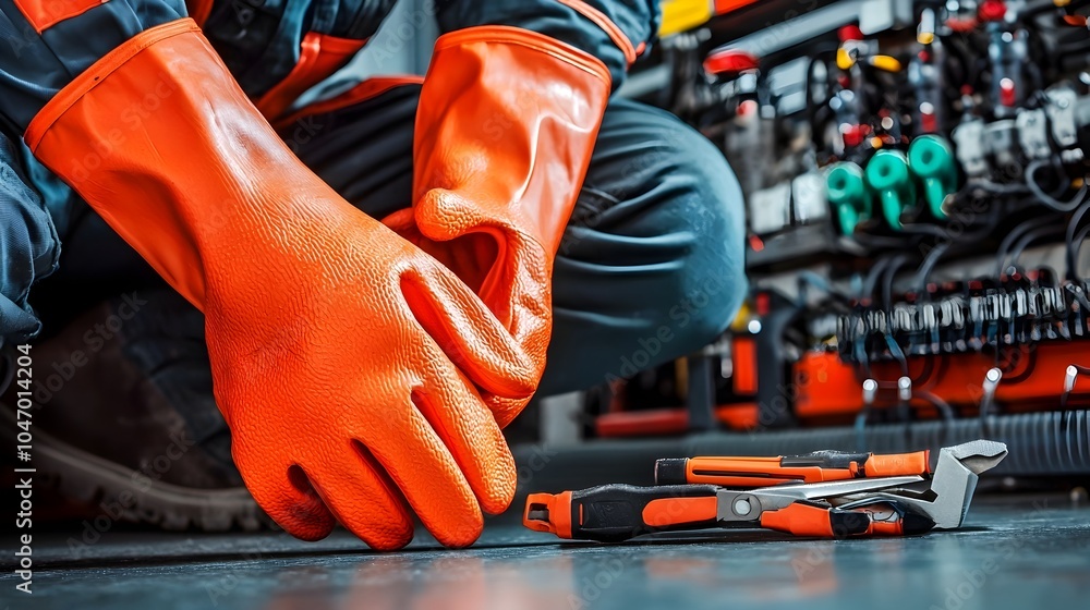 Poster electrical engineer s essential protective rubber gloves and insulated tools on the floor of a power