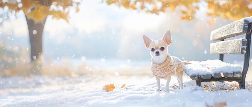 A small dog stands next to a bench in a snowy park, surrounded by autumn leaves and trees, creating a serene winter scene.