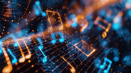 closeupA dynamic wireframe mesh composition of musical notes and sound waves, capturing the energy and flow of music  ,Sound-Engineer