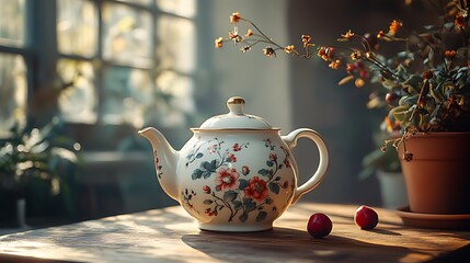 A white porcelain teapot with floral pattern sits on a wooden table in a sunlit room.