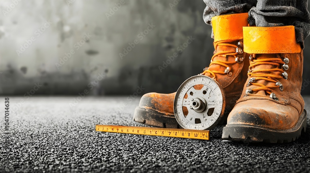 Aufkleber engineer s safety boots standing next to measuring wheel on an asphalt surface construction equipmen