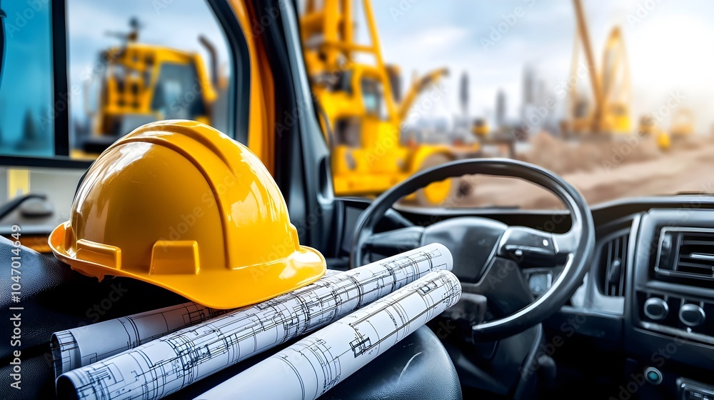 Poster engineering vehicle dashboard with hard hat and blueprint tube an image depicting the essential equi