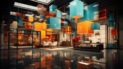 Abstract collection of business-themed interiors and decor, ideal for corporate or workspace design visuals.