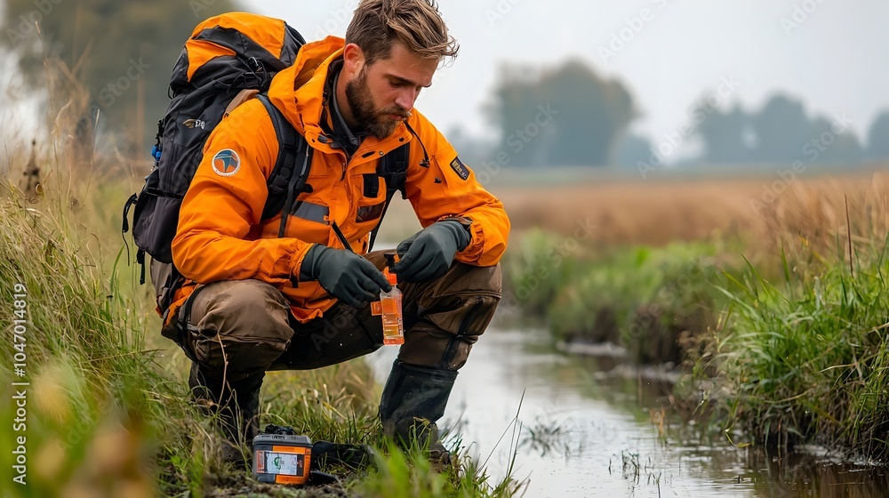 Poster environmental engineer testing water samples from a river or lake in the countryside examining water