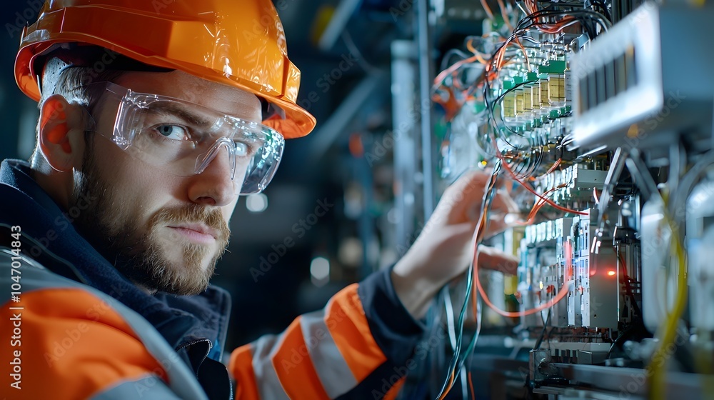 Leinwandbilder European Electrical Engineer Configuring and Maintaining Power Grid Equipment for Efficient Energy Transmission and Distribution in a Modern Industrial Setting
