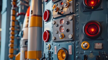 Vintage control panel with buttons, dials, and gauges is illuminated by red and yellow lights, creating mystery and intrigue
