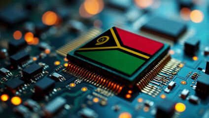 A Vanuatu themed chip is embedded on a circuit board with illuminated pathways, highlighting innovation in electronics and cutting-edge hardware.