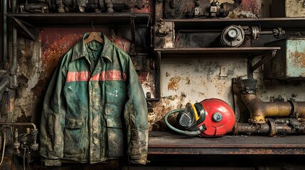Fireproof protective suit and oxygen breathing apparatus laid on shelves in an industrial plant preparing for safety and emergency response in a hazardous work environment