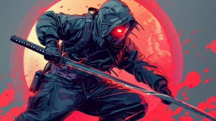 In the dim light, the figure of a black-clad ninja stands coolly against the ominous night sky backdrop.