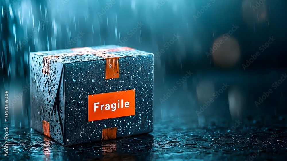 Poster fragile parcel box with bright red warning stickers indicating the need for careful handling and tra