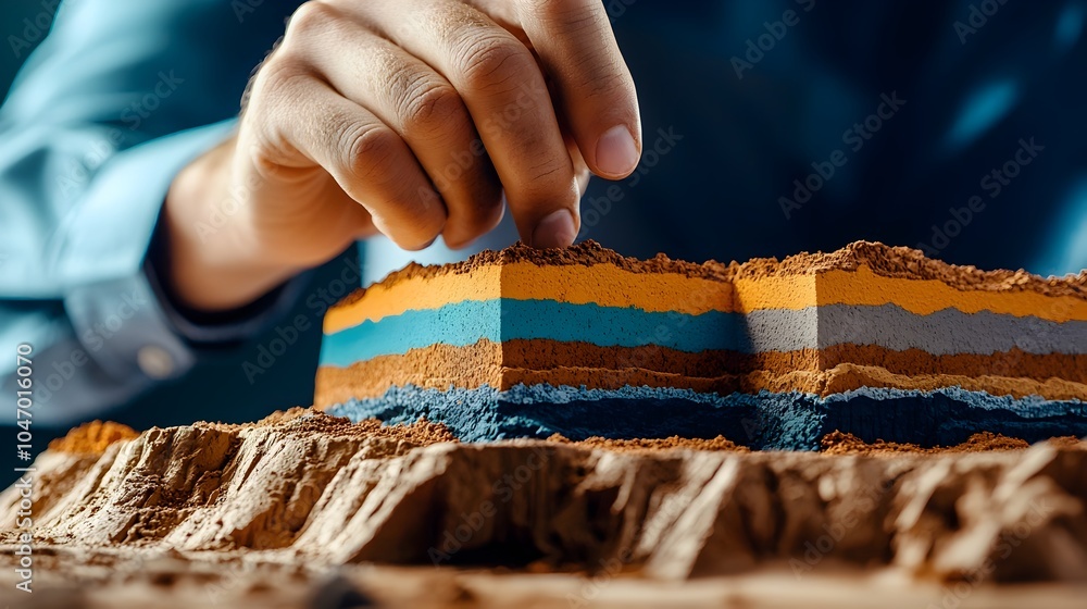 Poster Geotechnical engineer closely examining the intricate layers of colorful soil and sedimentary materials in a detailed cut out scale model of the terrain