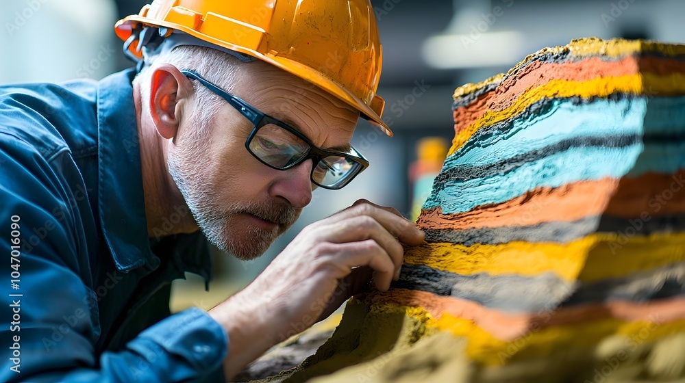 Poster geotechnical engineer inspecting detailed colorful soil layers and geological formations in a cut ou